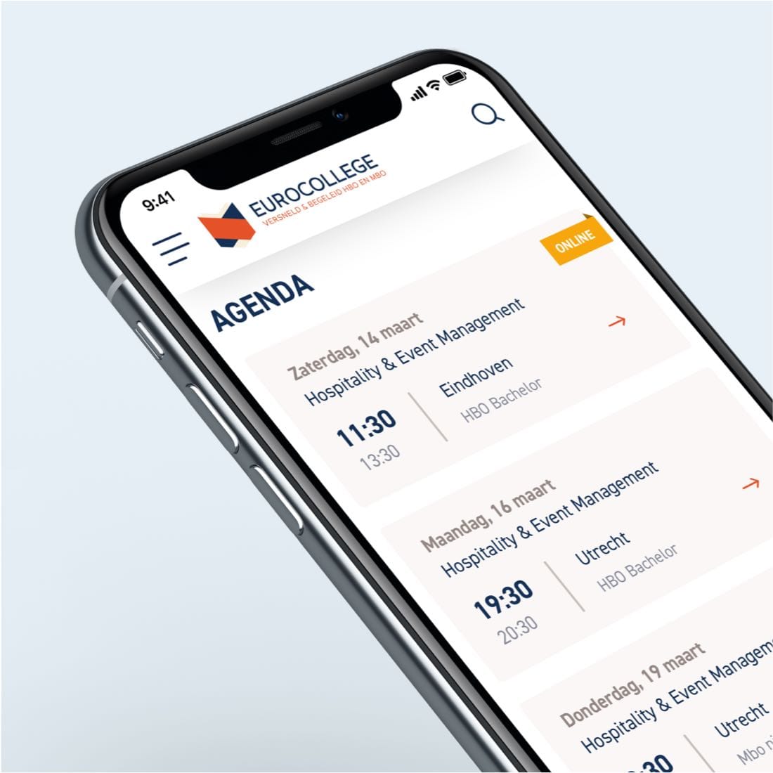 EuroCollege school website op een mobiele telefoon