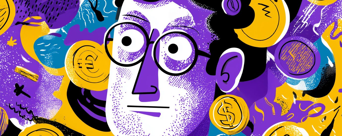 kleurrijke afbeelding met gezicht van man met gouden munten om hem heen.