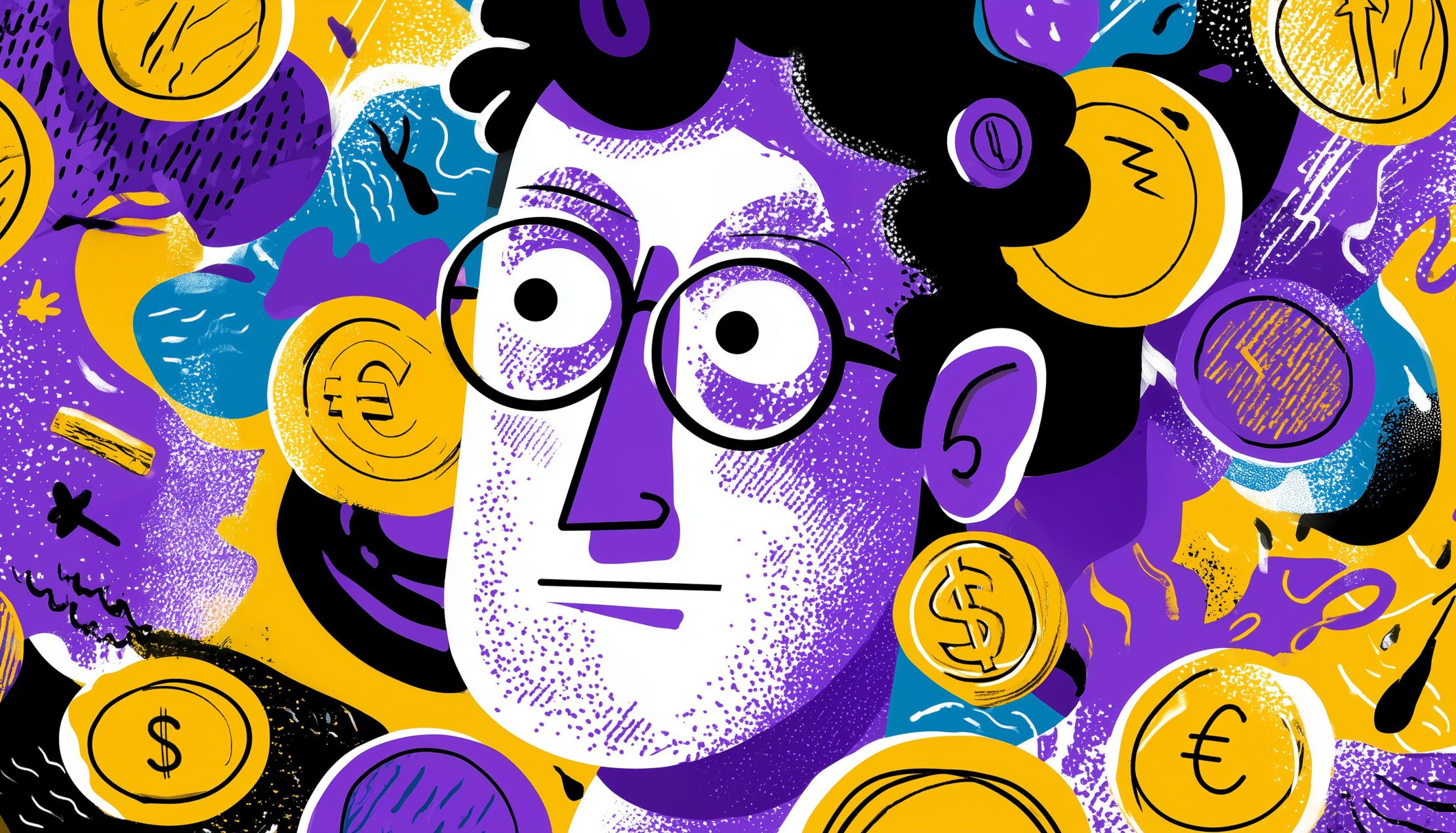 kleurrijke afbeelding met gezicht van man met gouden munten om hem heen.
