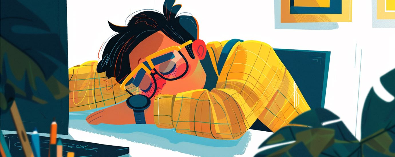 Afbeeldingen van vermoeide man achter zijn bureau